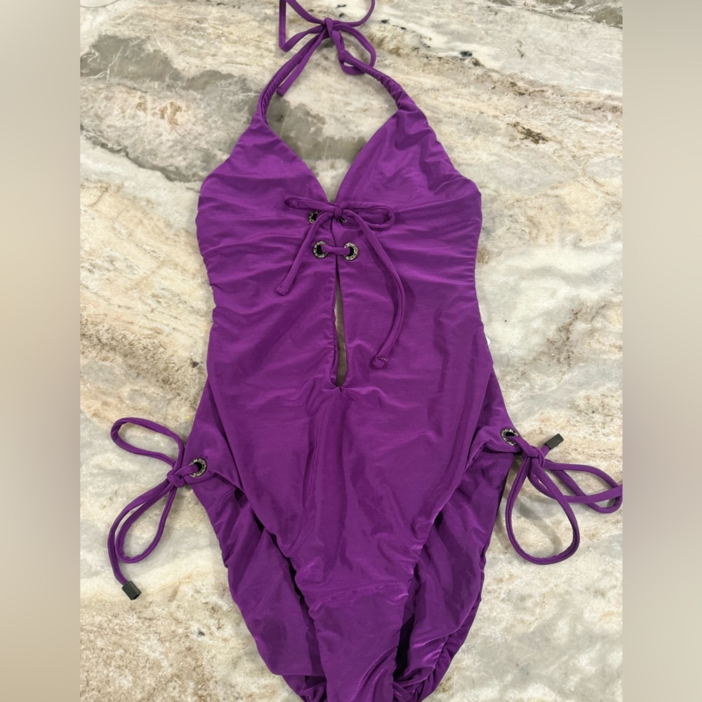 Purple Allen B Schwartz Atlanta Beachtie up swimsuit with cute gems